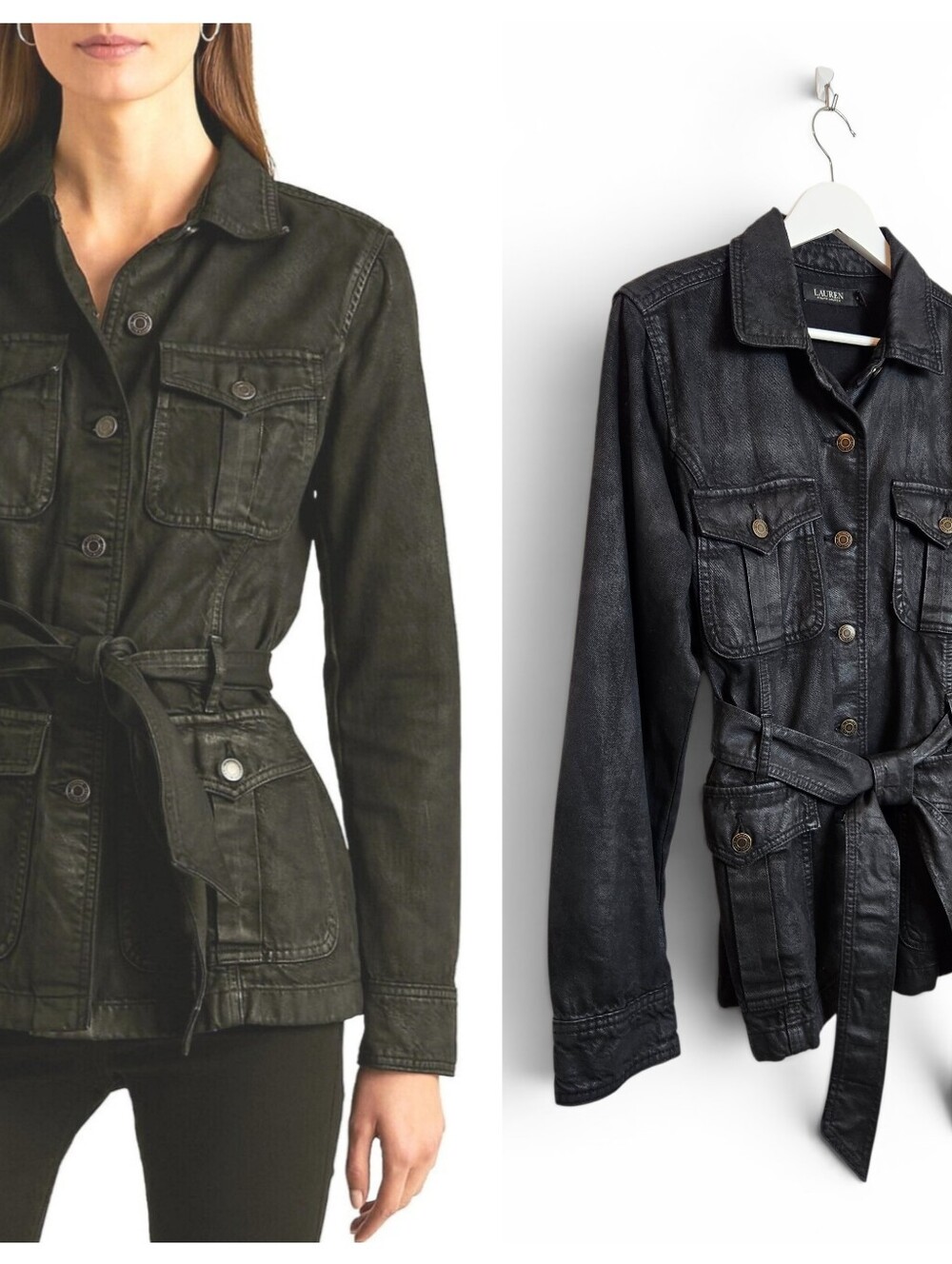 Lauren Ralph Lauren Coated Denim Trucker Jacket 14 Belted Utility Black Tied